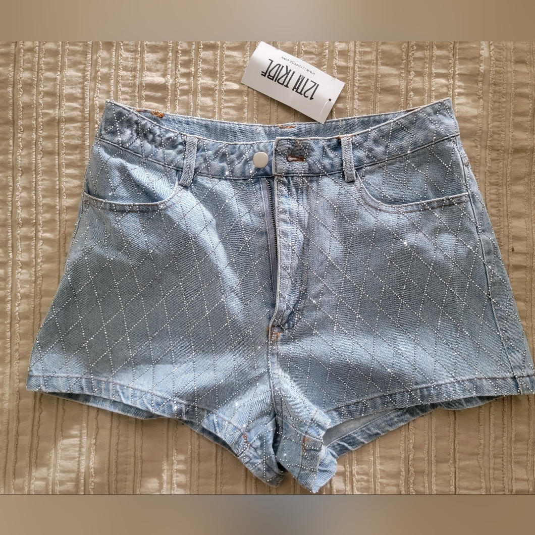 12th Tribe Light Blue Quilted Pearl-Embellished Jean Shorts — image 2 of 6
